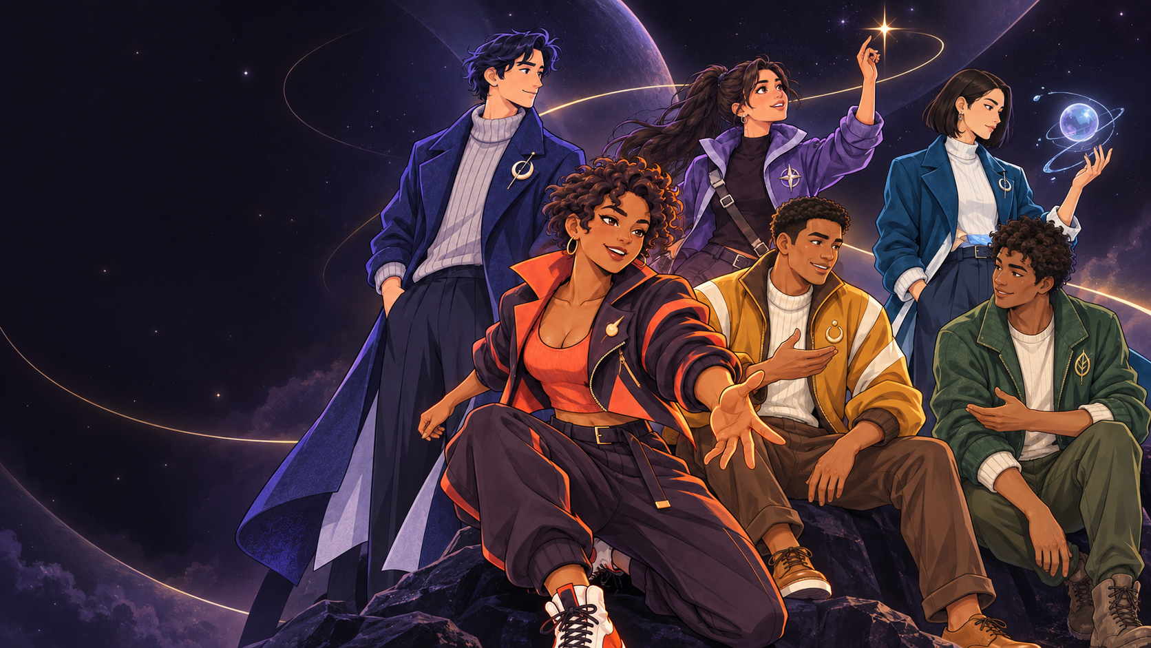 Six LoveType characters gathered together: Moon Guardian, Flame Chaser, Forest Healer, Ocean Thinker, Star Voyager, and Golden Heart.